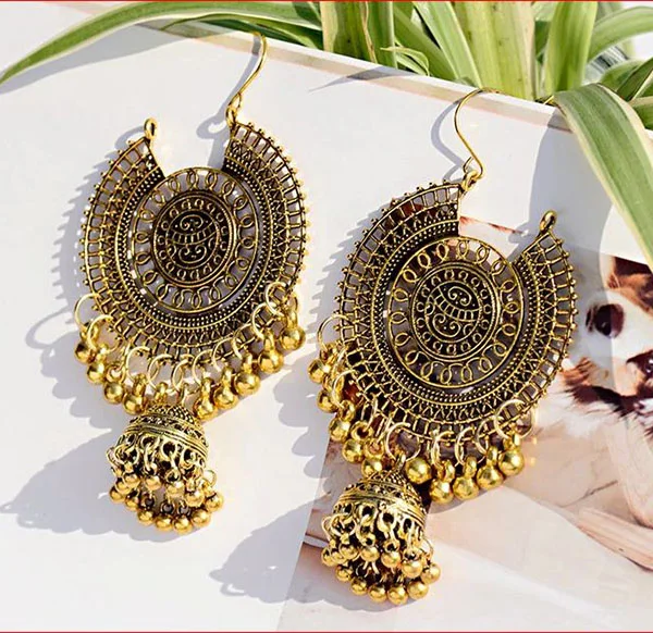 Boucles d'oreilles pendantes en or traditionnel indien ethnique gland pour femmes grande boucle d'oreille ronde gitane Jhumka Jhumki