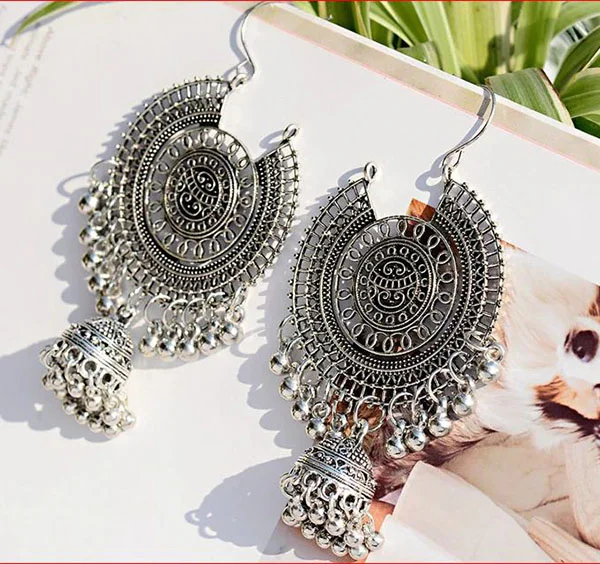 Boucles d'oreilles pendantes en or traditionnel indien ethnique gland pour femmes grande boucle d'oreille ronde gitane Jhumka Jhumki