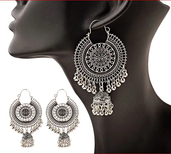 Boucles d'oreilles pendantes en or traditionnel indien ethnique gland pour femmes grande boucle d'oreille ronde gitane Jhumka Jhumki