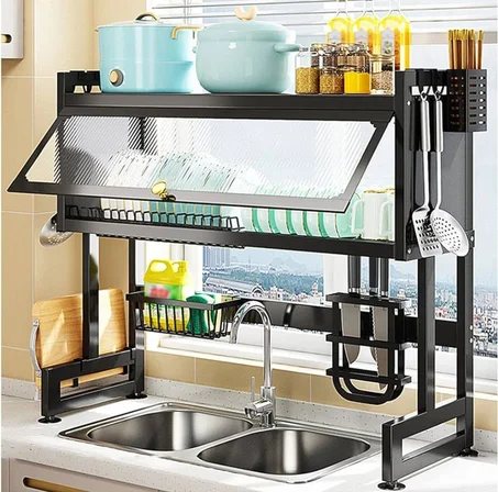 85cm)Rak Cuci Piring Wastafel Stainless Hitam Anti karat Rak 2 Susun