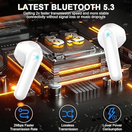 Wireless Earbud Bluetooth 5.3 Headphones 50H Playtime Stereo Bass Ear Buds, in-Ear Earphones with 4 ENC Mic LED Display Noise Cancelling Earbud, Bluetooth Earbud IP7 Waterproof Sport for Andr