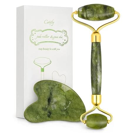Jade Roller & Gua Sha Set, Face Roller, Cotify Anti-Aging Facial Roller, Natural Green Jade Beauty Massager Tool, Skin Care Tool for Face, Neck, Eye to Reduce Wrinkles and Relax Body Muscles