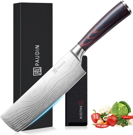 PAUDIN Cuchillo Nakiri - Cuchillo de carnicero de 17,78 cm afilado como una navaja y cuchillo de cocina para verduras, de acero inoxidable de alto carbono, cuchillo de chef asiático multiusos