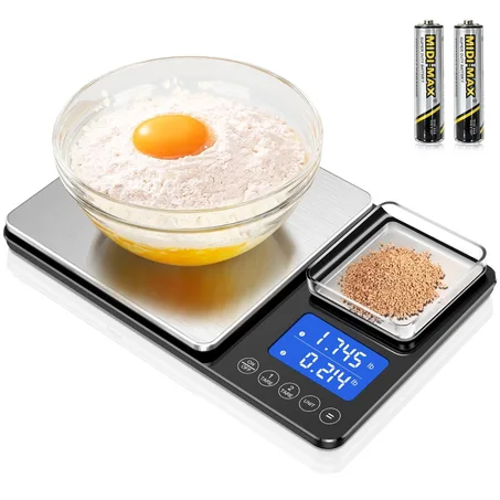 Báscula de cocina de doble plataforma de 0.001 oz/33 libras, peso digital, gramos y onzas, báscula de cocina de dos precisiones para pan de masa madre, hornear y cocinar con 7 unidades de tar
