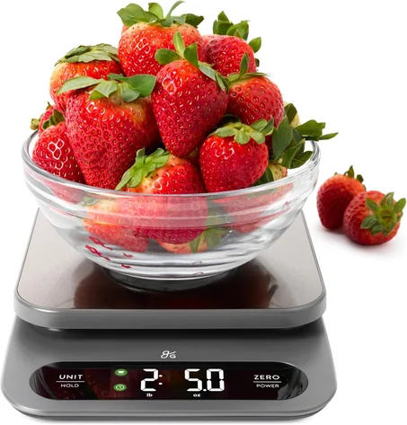 Greater Goods Báscula digital de alimentos para cocina y hornear, báscula de peso de alta capacidad de 22.0 lbs/22 libras con precisión de 0.04 oz, plataforma de acero inoxidable, LCD de alta