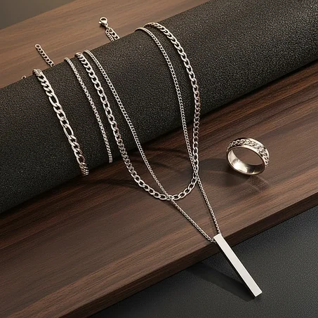 Pack 5 Pieces: 2 bracelet + 2 collier + bague (Acier)