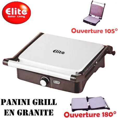 Elite Panini Grill en Granite Anti-adhésives Ouverture 105° et 180° Panini & Barbecue