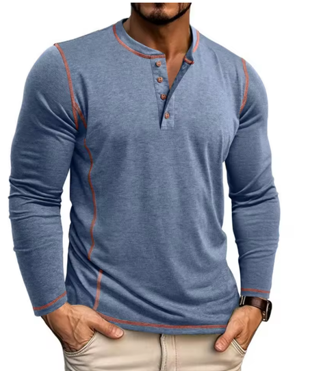 قميص رجالي جديد بأربعة أزرار، بأكمام طويلة وياقة هنري، مناسب للارتداء اليومي، بقصة عادية، مع ربطات عنق، وبلوفر