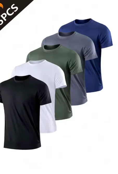 5PCS Men's Solid Color Ultralight Quick Dry Sport T-Shirt, Breathable Lightweight Top For Fitness Training Workout Running Gym