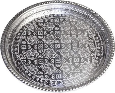 صينية شاي مغربية فضي مصنوع يدويًا في فاس صغير أو كبير