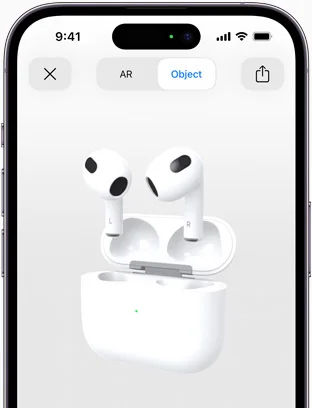 Screen shows AirPods (3rd generation) being displayed in augmented reality view on iPhone.
