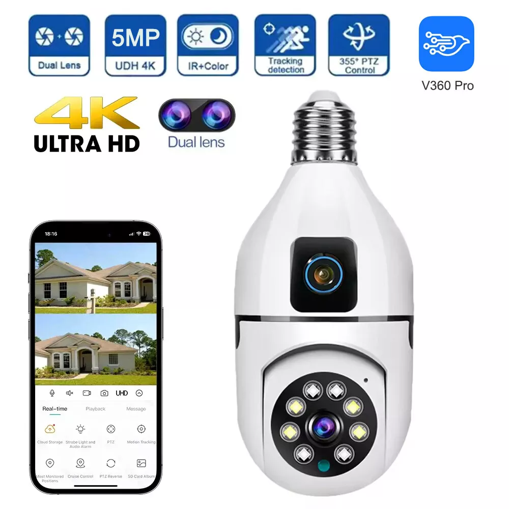 A7 Caméra à double objectif Wifi Ampoule 1080P Vision nocturne 360 Intérieur CCTV Sécurité Caméra IP sans fil