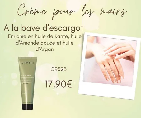 Crème mains à la Bave d’escargot - 75 ml  Enrichie en huile de Karité, huile d'Amande douce et huile d'Arga