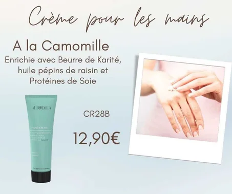 Crème mains à la Camomille - 75 ml Enrichie avec Beurre de Karité, huile pépins de raisin et Protéines de Soie