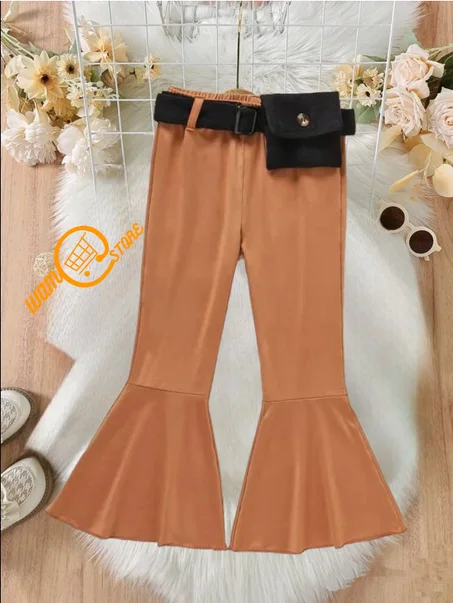بنطلون بساق واسع موحدة اللون مع حيفية حزام للبنات الصغار