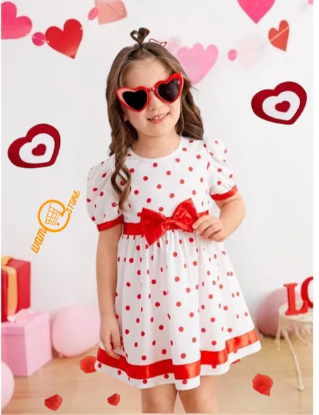 فستان بطباعة قلب عقدة الفراشة أمامية اكمام منتفخة للبنات الصغار
