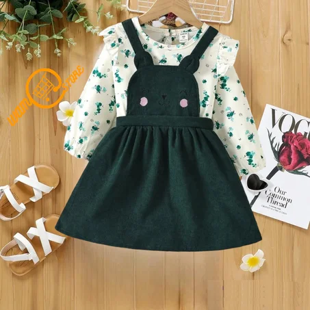 بلوزة للبنات الصغار طباعة الأزهار مقلم بكشكش و فستان افارول