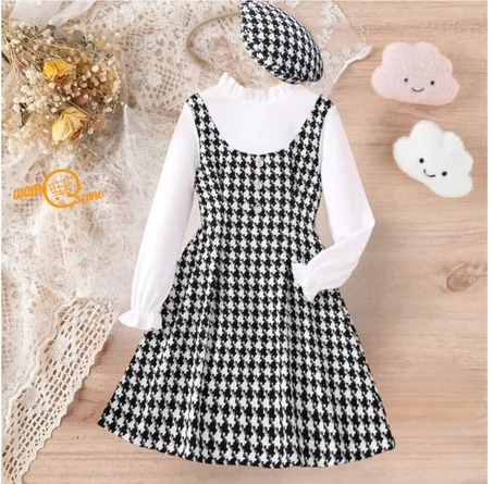 بنات فستان 2 في 1 طباعة نقش مسنن اكمام منتفضة و قبعة