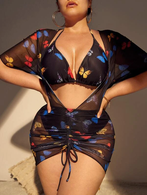 ملابس سباحة بيكيني بطباعة الفراشة رسن مثلث خصر عالي وغطاء 3 قطع مقاس كبير