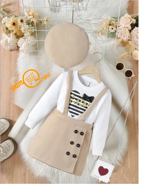 للبنات الصغار قميص ثقيل بجرافيك القلب وعبارة و تنورة بحمالات و قبعة