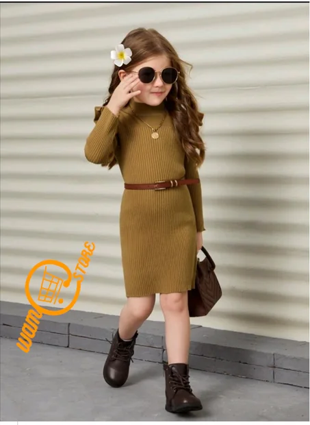 فستان صوفي مقلم بكشكش وقوف الياقة بدون حزام للبنات الصغار