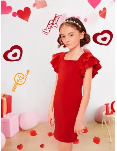 فستان ياقة مربع اكمام فراشة قطعة واحدة بنات