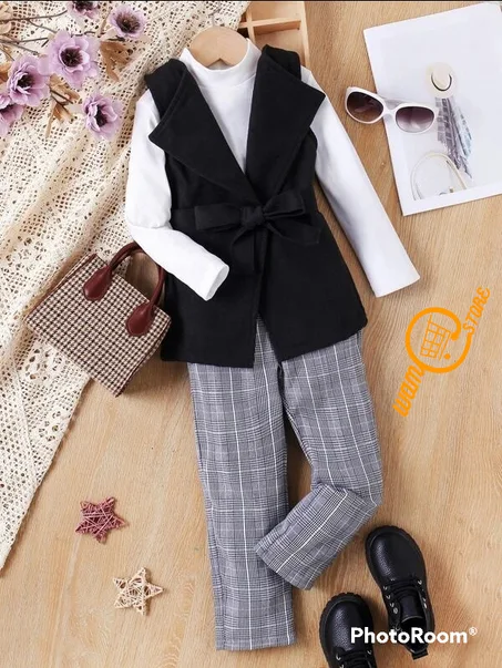 للبنات الصغار تي شيرت وقوف الياقة و معطف صدري حزام و بنطلون مربعات ملونة