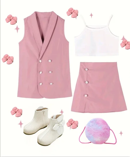 للبنات الصغار جاكيت صدري ياقة طوق و تنورة صف ازرار مزدوجة و لباس علوي كامي