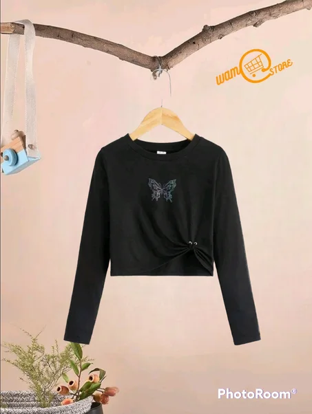 تي شيرت قصير عاكس بطباعة الفراشة ثنية بنات