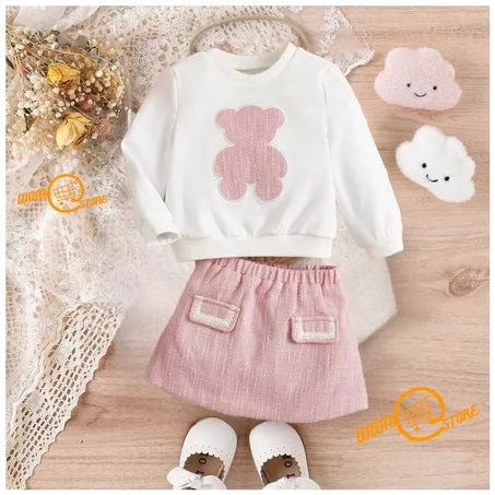 قميص ثقيل مصحح بدب و تنورة بتفاصيل رفرف