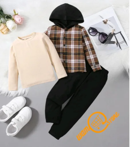 قميص قبعة للولد الصغار طباعة مربع النقش و تي شيرت بلون موحد و نسيج قطن بنطلون