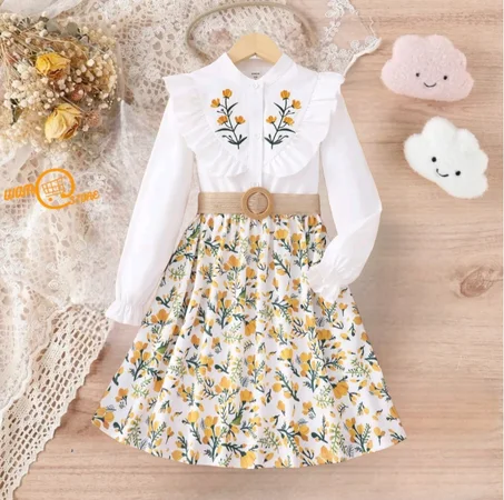 فستان بحزام مطرز بأزهار مقلم بكشكش اكمام منتفضة بنات