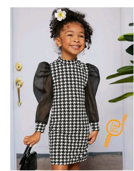 فستان مناسب مربعات مسنن اكمام منتفخة وقوف الياقة للبنات الصغار