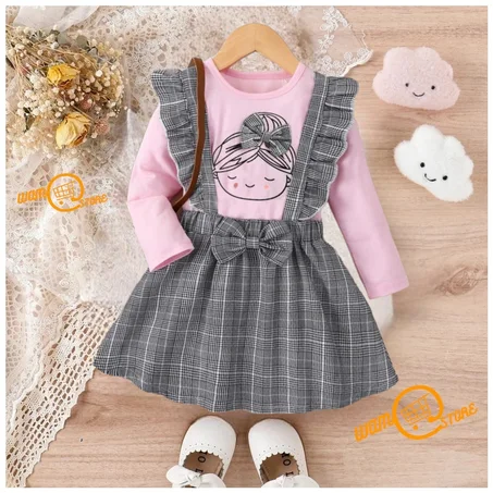 تي شيرت للبنات الصغار جرافيك شكل وتنورة بينفور بطباعة مربعات جلين عقدة الفراشة أمامية مقلم بكشكش