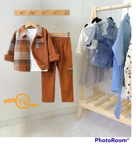 قميص للولد الصغار طباعة مربع النقش وبنطلون بتفاصيل رفرف بدون تي شيرت