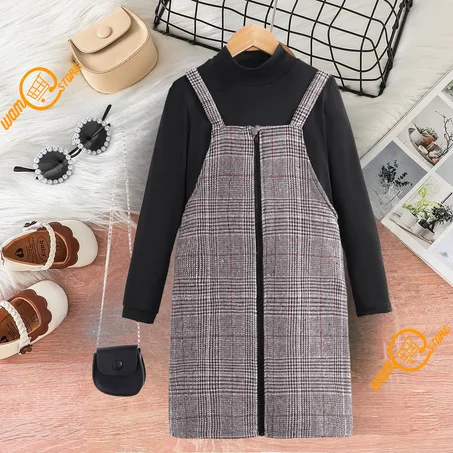 بنات تي شيرت وقوف الياقة و فستان افارول طباعة مربع النقش