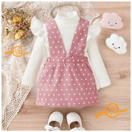 للبنات الصغار تي شيرت مقلم بكشكش و فستان افارول بنقاط البولكا