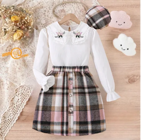 لباس علوي بنات مطرز بأزهار ياقة كبير مبالغ فيه اكمام منتفضة وتنورة طباعة مربع النقش