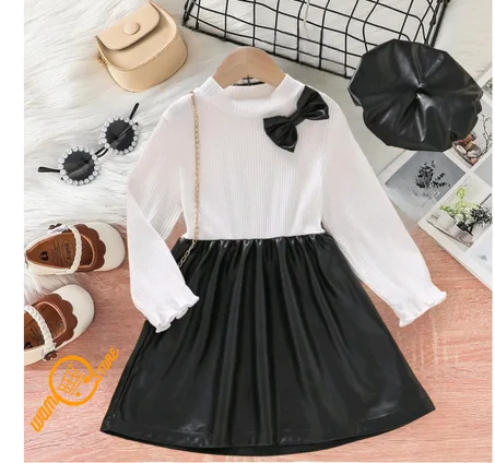 للبنات الصغار فستان لونين عقدة الفراشة أمامية اكمام منتفضة و قبعة