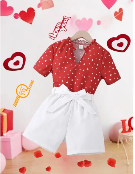 بنات بلوزة بطباعة قلب مقلم بهدب ياقة مفتوح و شورت بحزام