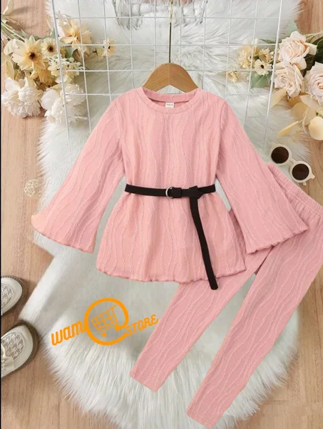 طماق مع لباس علوي مقلم نمط نبات الخس اكمام على شكل بوق حزام للبنات الصغار