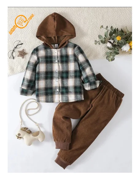 قميص طباعة مربع النقش قبعة مع بنطلون للاولاد الصغار