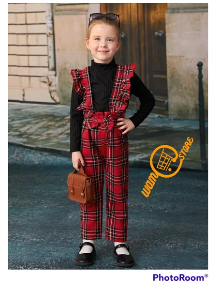 للبنات الصغار تي شيرت وقوف الياقة و جمبسوت بحمالات ترتان مقلم بكشكش عقدة الفراشة أمامية