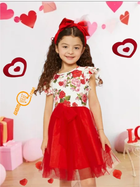 فستان طباعة الأزهار اكمام فراشة بحافة شبكي بنات