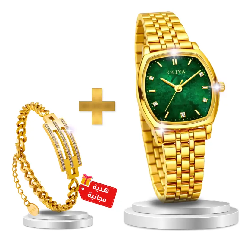 ساعة OLIYA النسائية – أناقة ذهبية بلمسة أخضر ملكي + سوار أنيق هدية