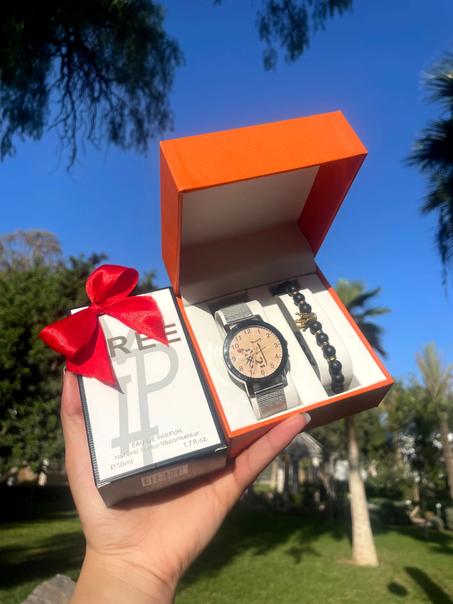 ساعة  بإسم + براسلي ( كينغ ) + عطر فخم + علبة مجانا