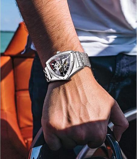 Forsuning Reloj Esqueleto Mecánico Automático para Hombre Luminoso de Cuerda Automática con Esfera Triangular y Correa de Acero Inoxidable o Analógica de Silicona Suave