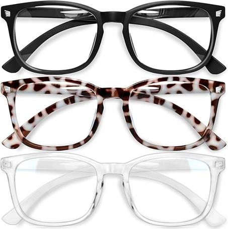 Gaoye - Paquete de 3 anteojos de bloqueo de luz azul, falsos, cuadrados, de moda, anti rayos UV, para computadora, juegos, para mujeres/hombres (negro mate + leopardo + transparente)