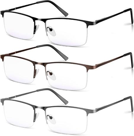Paquete de 3 lentes de lectura con bloqueo de luz azul para hombres, elegantes lectores de computadora de metal de medio marco, anteojos ligeros con bisagra de resorte antifatiga