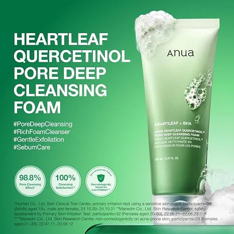 غسول ANUA Heartleaf 80% Quercetinol Pore Deep Cleansing Foam – المنظف الكوري العميق لتنظيف المسام والتحكم في الدهون (150 مل)